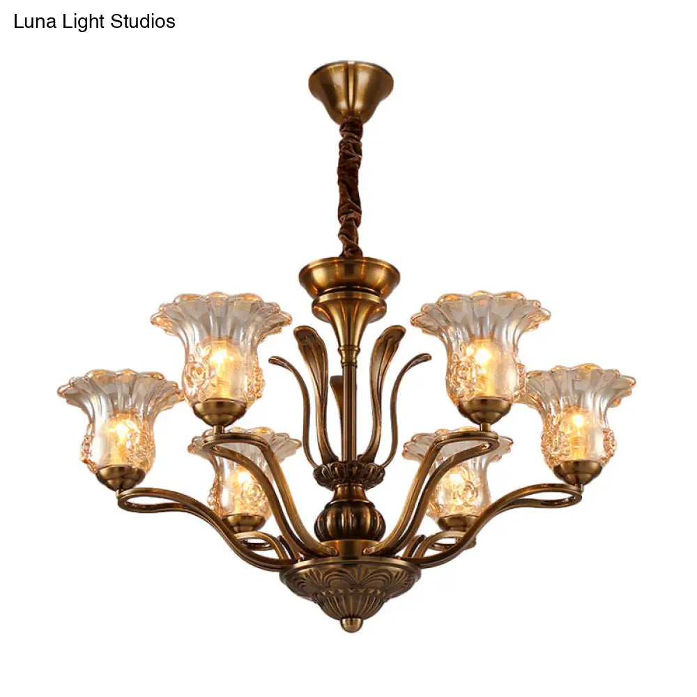 Clear Glass Pendant Chandelier With Branching Design - Rustic Living Room Ceiling Light In Brass