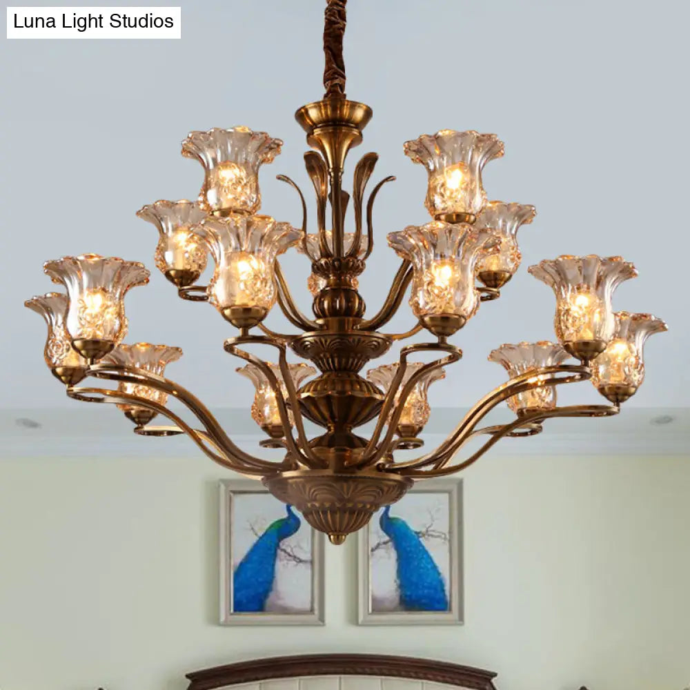 Clear Glass Pendant Chandelier With Branching Design - Rustic Living Room Ceiling Light In Brass
