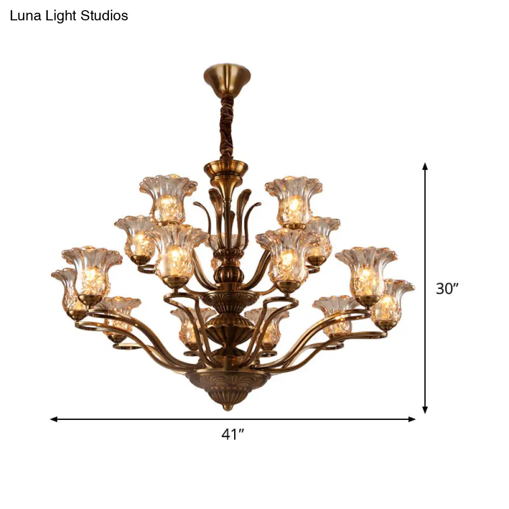 Clear Glass Pendant Chandelier With Branching Design - Rustic Living Room Ceiling Light In Brass