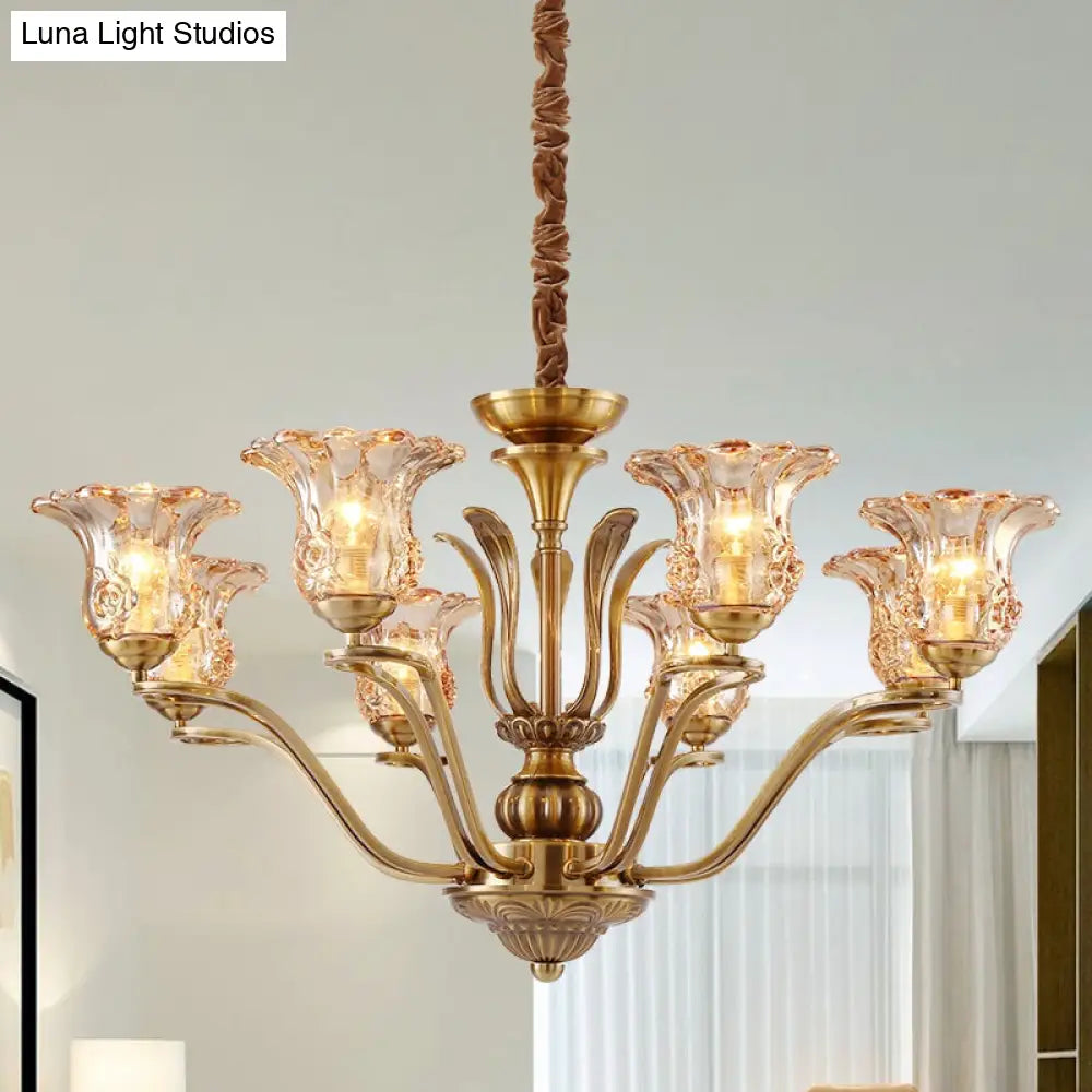 Clear Glass Pendant Chandelier With Branching Design - Rustic Living Room Ceiling Light In Brass