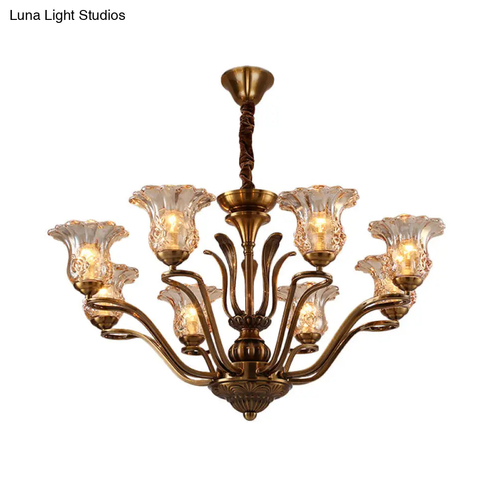 Clear Glass Pendant Chandelier With Branching Design - Rustic Living Room Ceiling Light In Brass