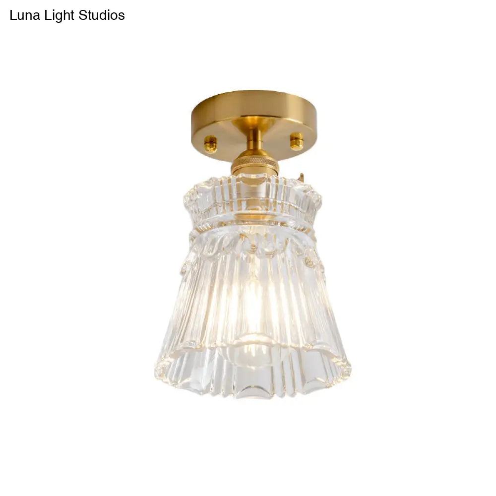 Clear Glass Single Light Gold Semi Flush Industrial Ceiling Lighting - Cone/Cylinder/Bell Corridor
