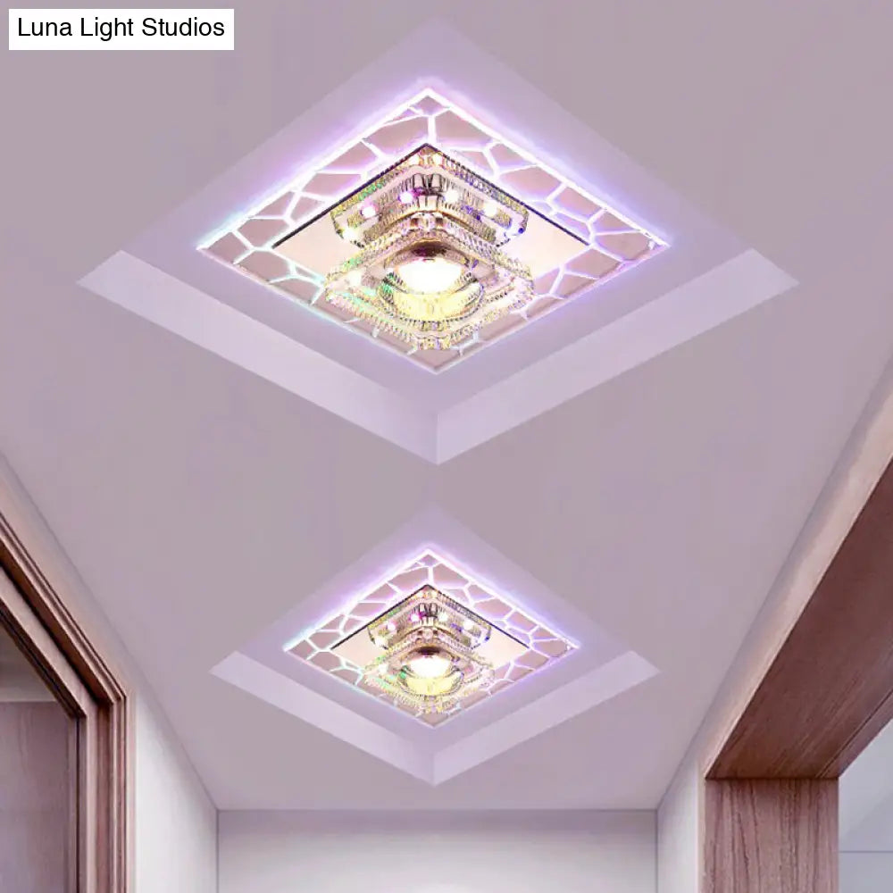 Clear Led Square Ceiling Lamp: Prismatic Crystal Flush Mount Fixture For Entryway - Minimalist