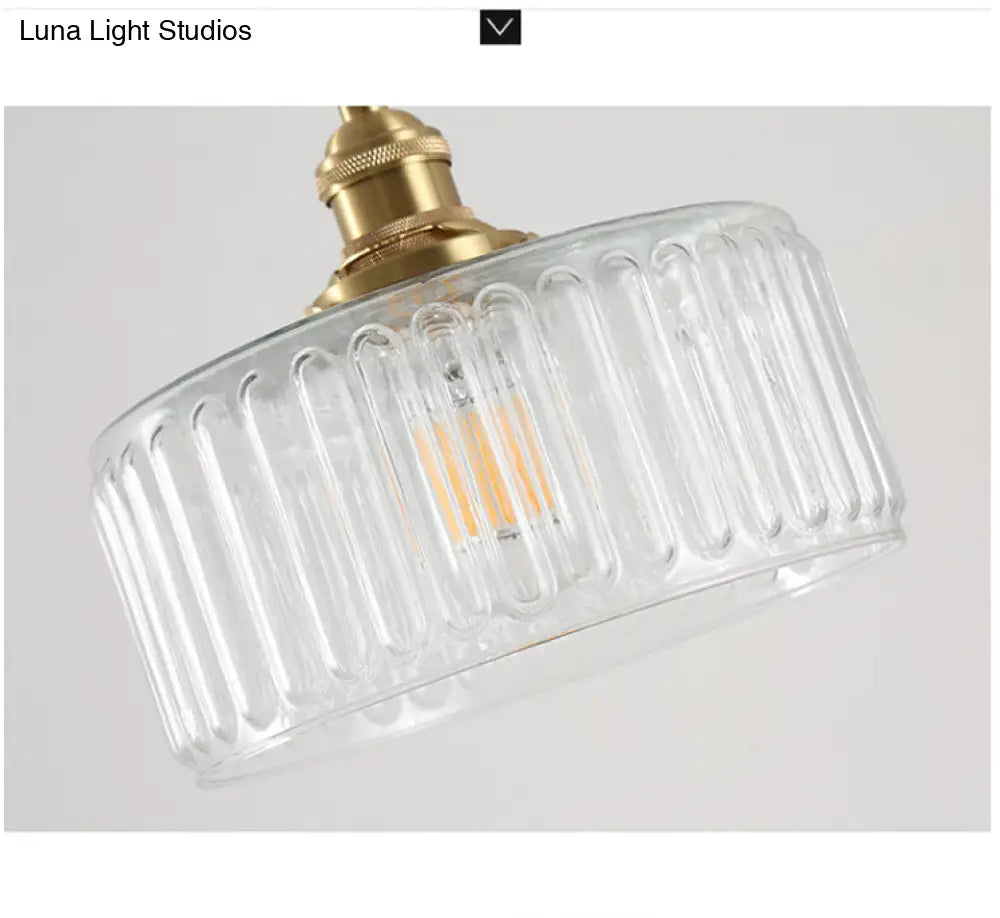 Clear Ribbed Glass Drum Pendant Lighting - Vintage 1-Light Lamp For Living Room