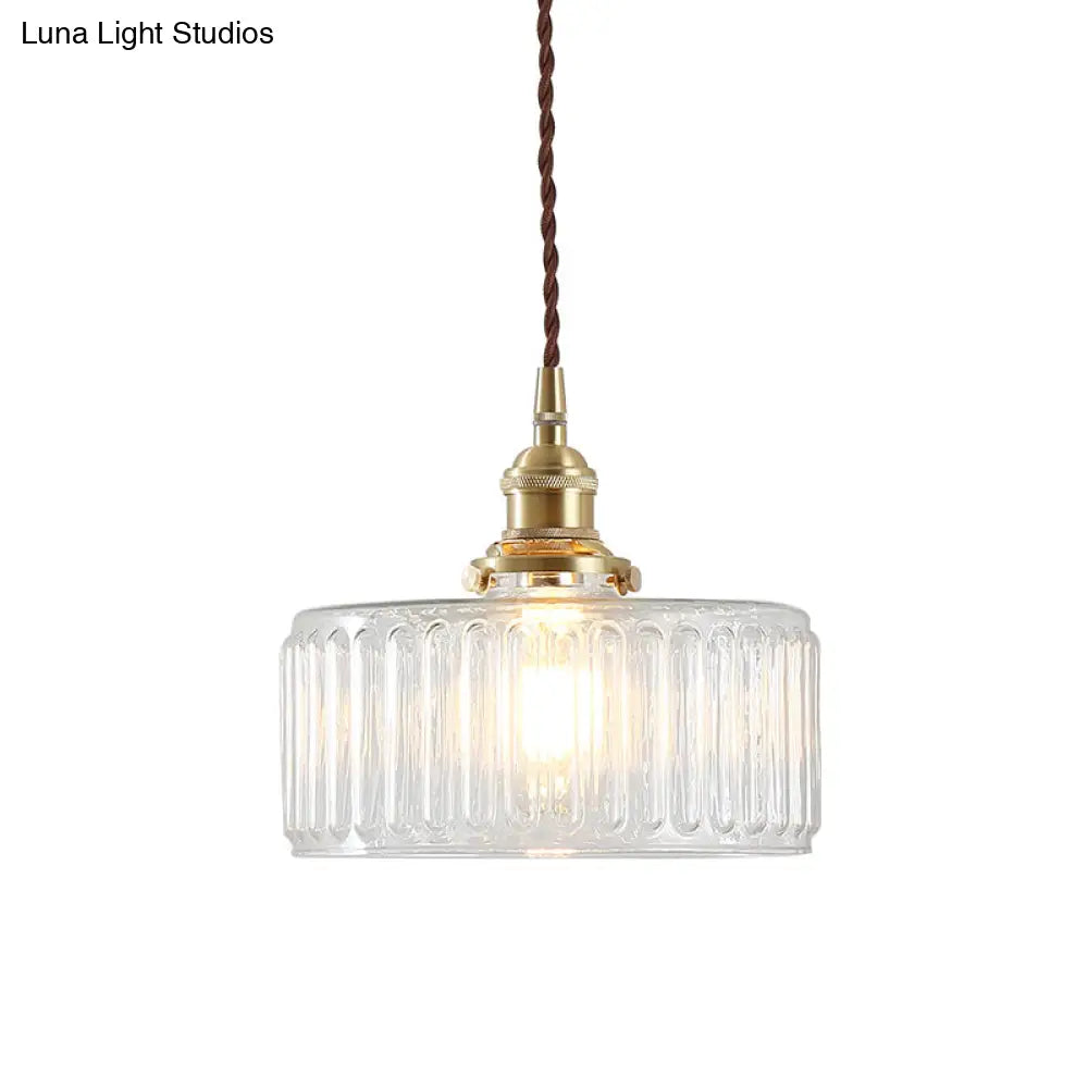 Clear Ribbed Glass Drum Pendant Lighting - Vintage 1-Light Lamp For Living Room