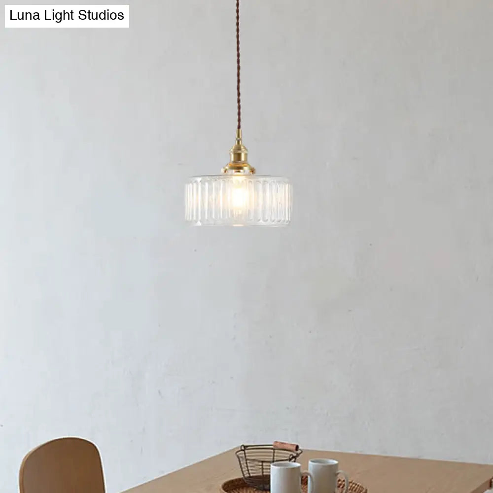 Clear Ribbed Glass Drum Pendant Lighting - Vintage 1-Light Lamp For Living Room