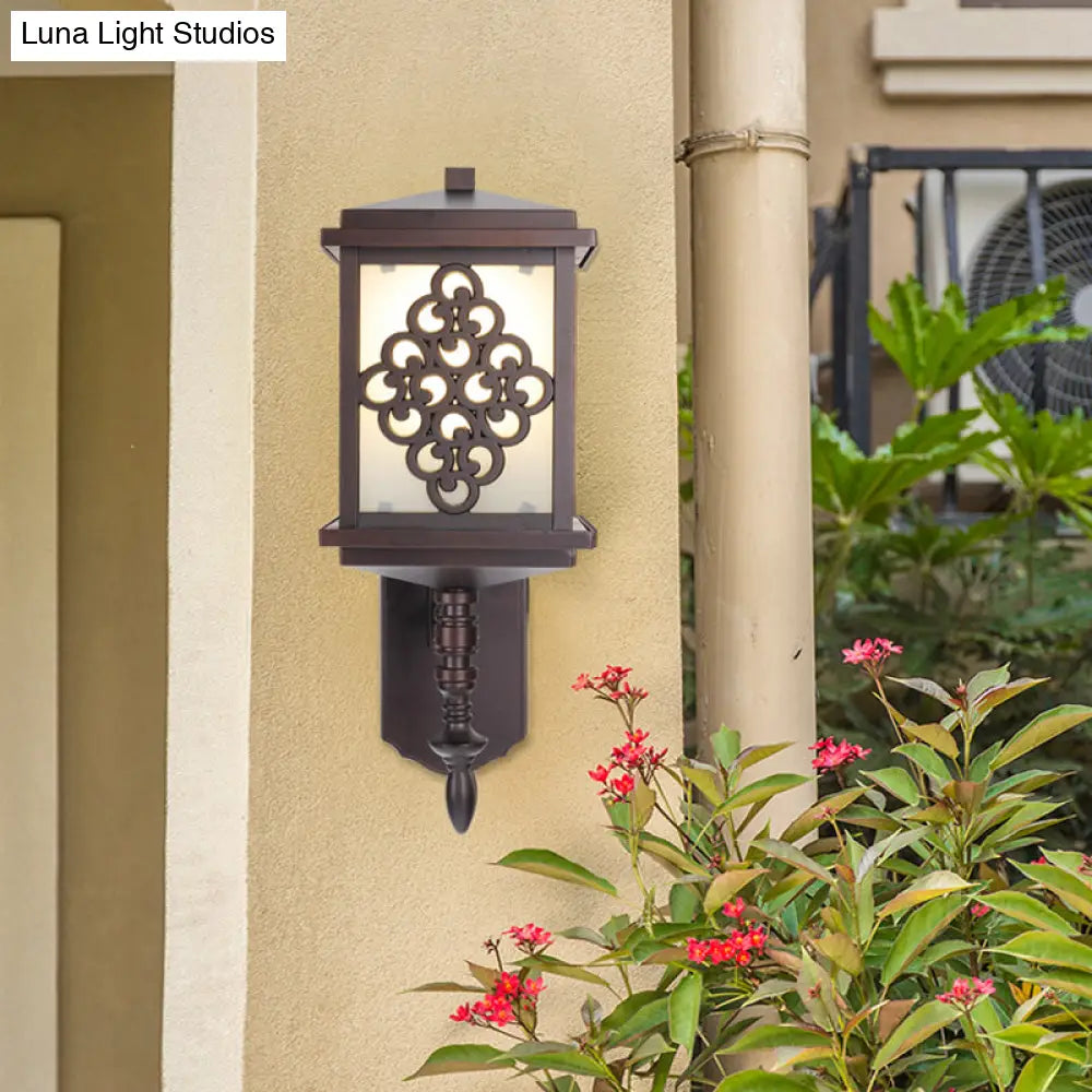 Coffee Cubic Cream Glass Wall Mount Light With Chinese Knot Pattern - 1 Patio Sconce For Cottage
