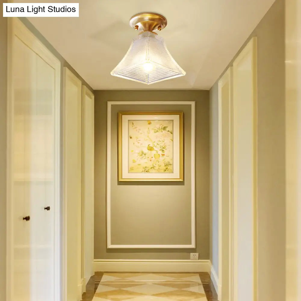 Colonial Brass Clear Ribbed Glass Flush Mount Light - 7.5’/8’ Width Cone/Bell Ceiling Fixture