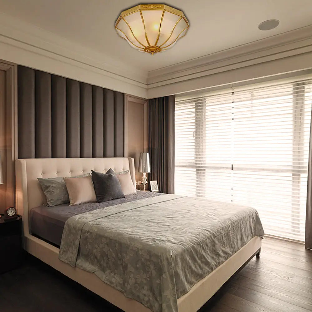 Colonial Brass Flared Bedroom Ceiling Light Opal Glass 14.5-18.5W 3/4-Light