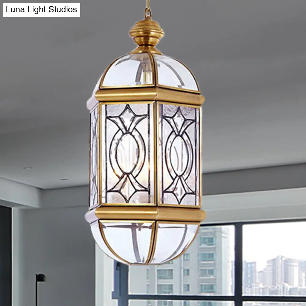 Colonial Brass Lantern Outdoor Chandelier Light - Frosted Glass 3 Bulbs Hanging Ceiling Fixture