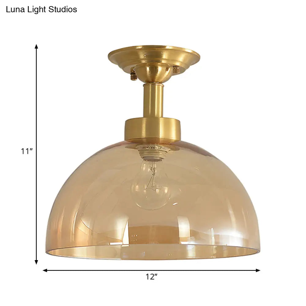 Colonial Dome Ceiling Light Fixture - Brass Semi Mount With Amber Glass For Hallway