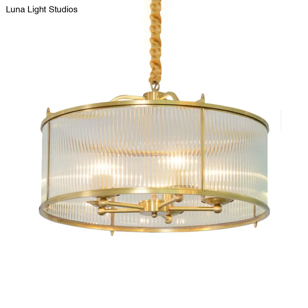 Colonial Drum Ribbed Glass Chandelier - Polished Brass Small/Medium/Large Sizes Multiple Lights