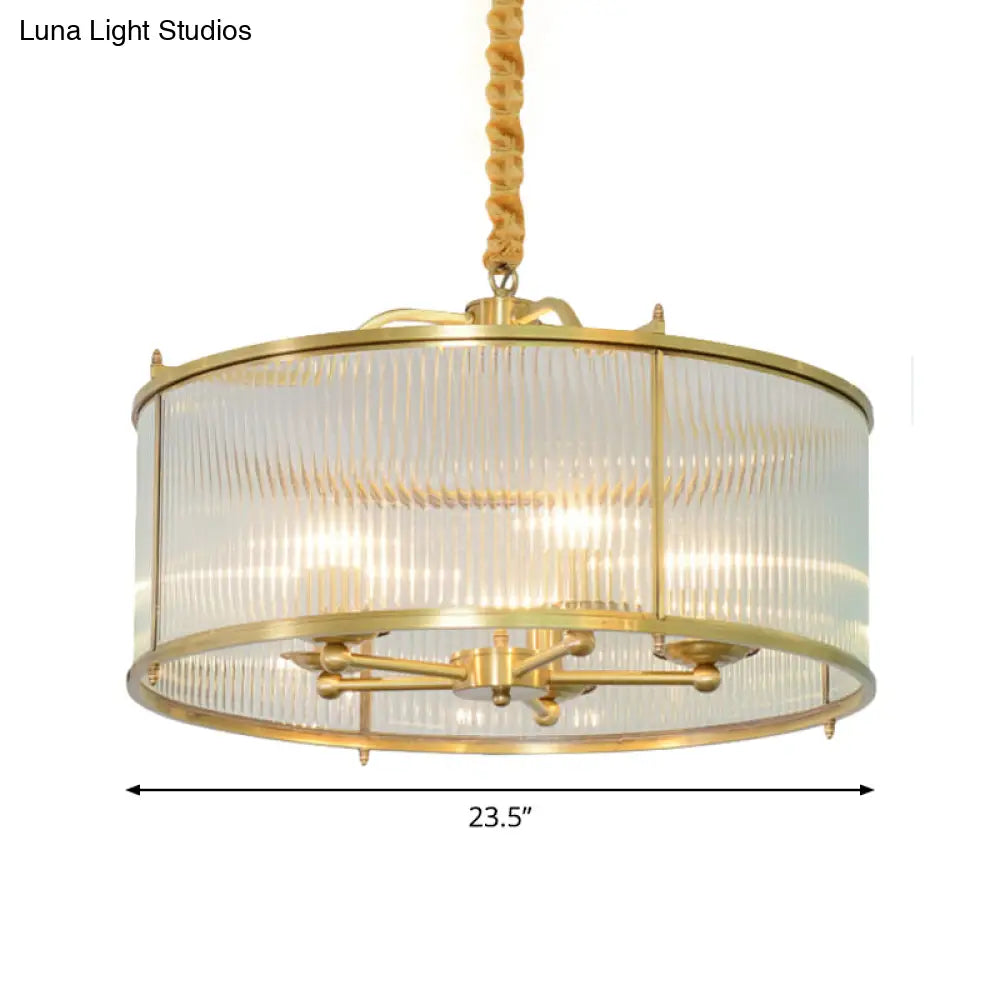 Colonial Drum Ribbed Glass Chandelier - Polished Brass Small/Medium/Large Sizes Multiple Lights