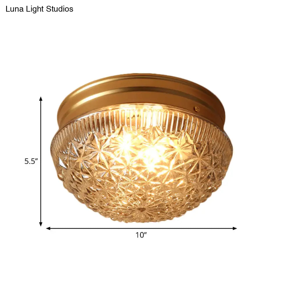Colonial Gold Flush Mount Ceiling Light Fixture With Clear Ribbed Glass For Bedroom - Set Of 2 Bulbs