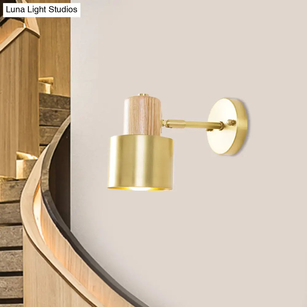Colonial Metal Cylinder Wall Sconce With Wooden Top - Beige/Brown 1-Light Fixture For Bedroom