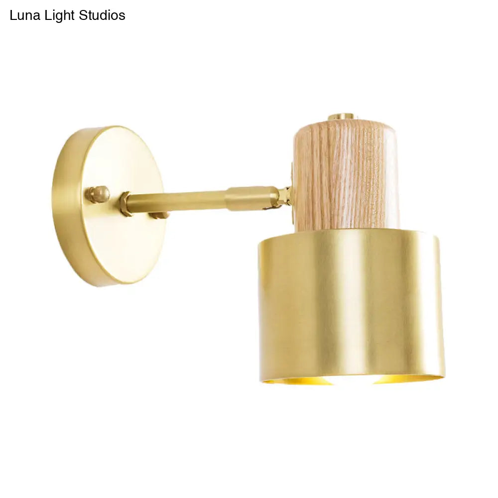 Colonial Metal Cylinder Wall Sconce With Wooden Top - Beige/Brown 1-Light Fixture For Bedroom