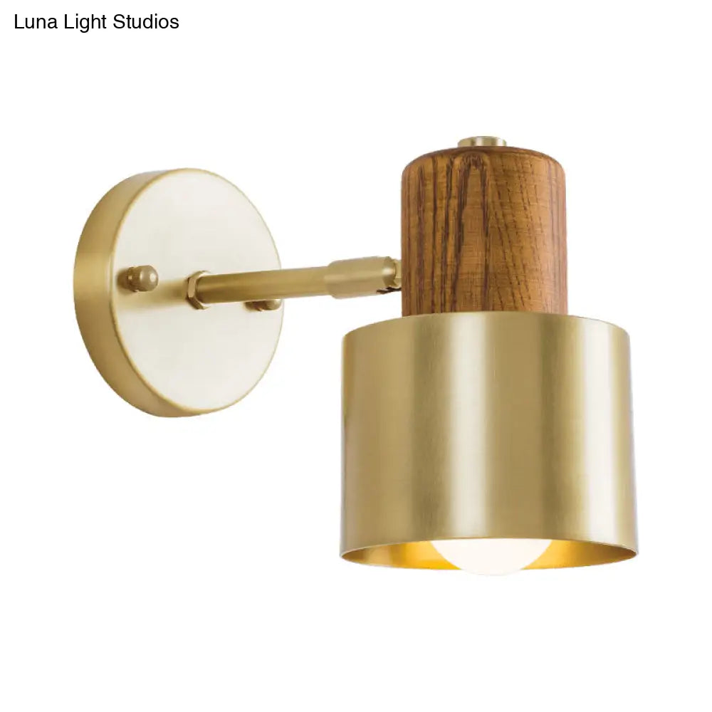 Colonial Metal Cylinder Wall Sconce With Wooden Top - Beige/Brown 1-Light Fixture For Bedroom