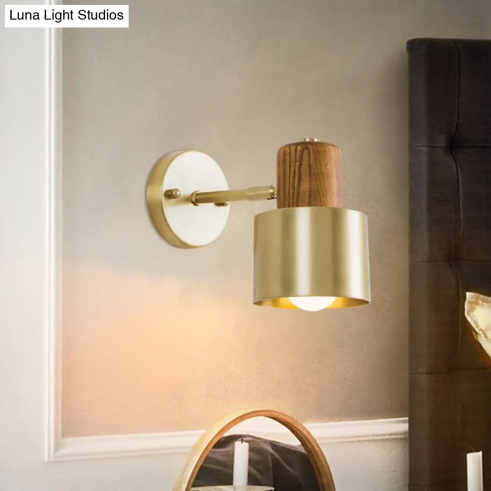 Colonial Metal Cylinder Wall Sconce With Wooden Top - Beige/Brown 1-Light Fixture For Bedroom