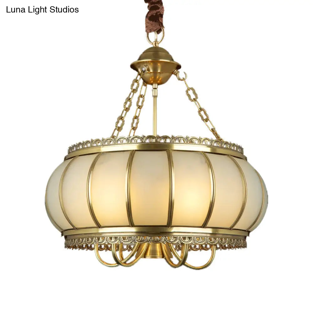 Colonial Opal Blown Glass Drum Pendant Chandelier - Brass 4 Heads Living Room Ceiling Light