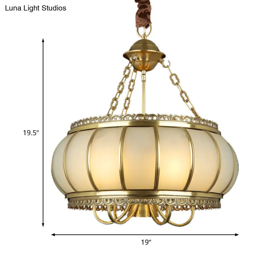 Colonial Opal Blown Glass Drum Pendant Chandelier - Brass 4 Heads Living Room Ceiling Light