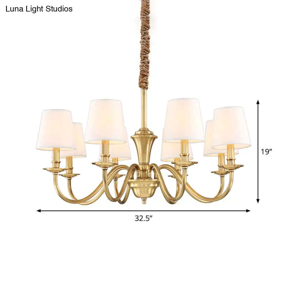 Colonial Style Hanging Chandelier - Gold 6/8-Light Fabric Conical Suspension Pendant