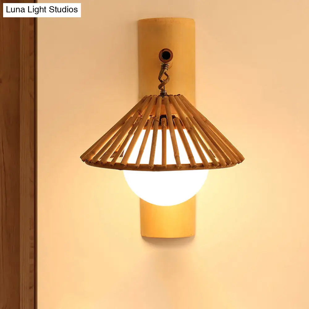 Conical Bamboo Wall Sconce - Asian Style Wood Lamp With Global White Glass Shade