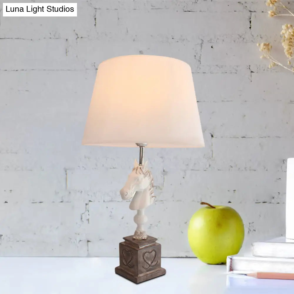 Conical Fabric Night Light With Horse Head Stand - Countryside Single Bedroom Table Lighting In