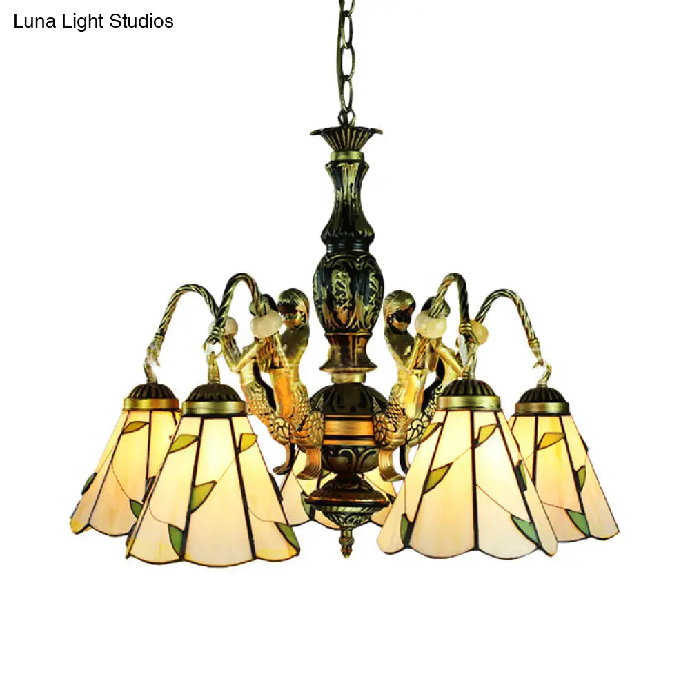 Conical Pendant Chandelier - 5-Light Tiffany Style Fixture In Beige With Cut Glass Accents