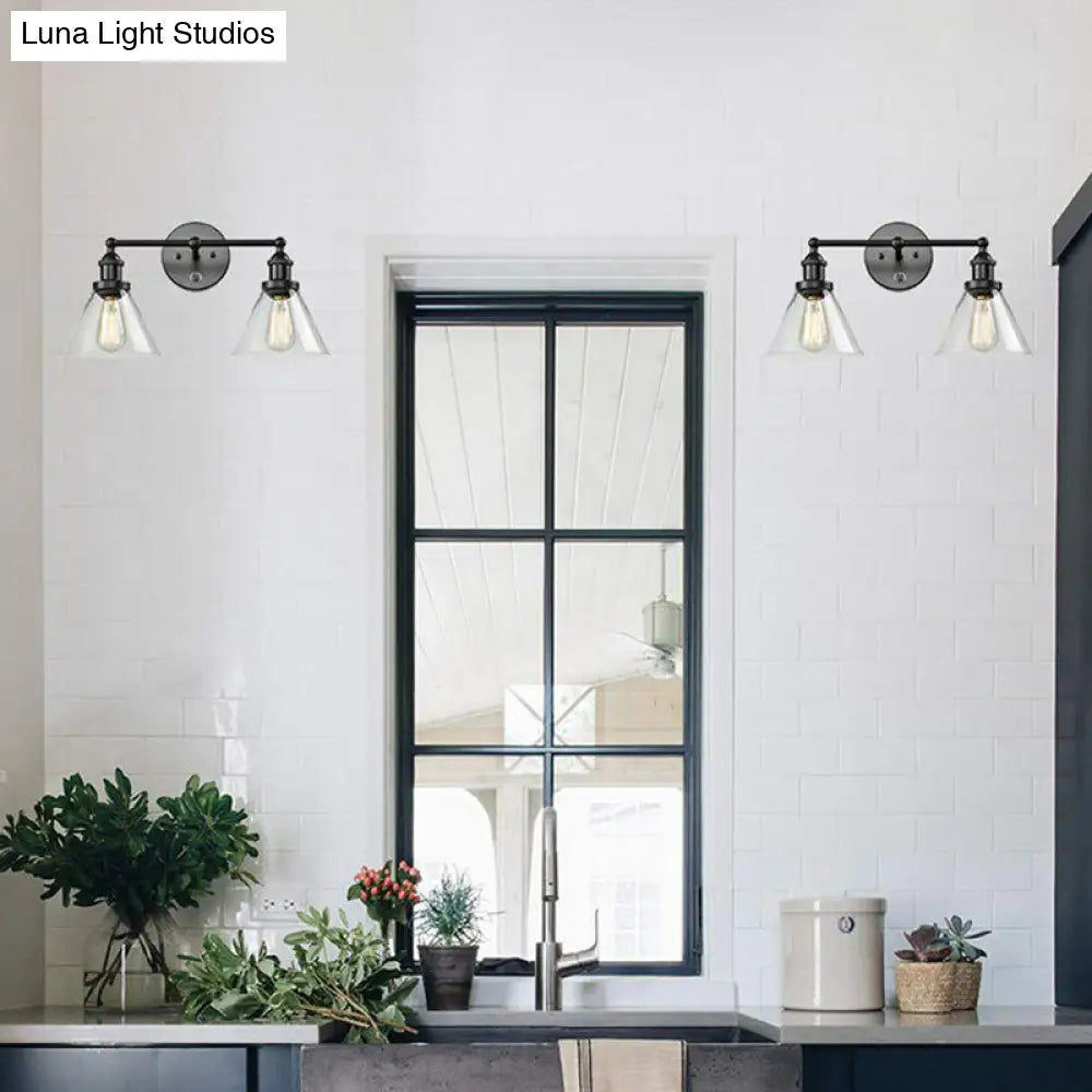 Conical Shade Industrial Wall Lamp With Clear Glass Cage - 2 Lights Vanity Sconce