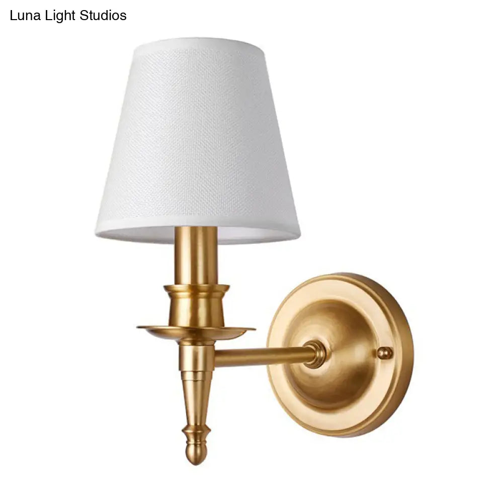 Conical Wall Light With Single-Bulb Fabric Shade Candle Design - Gold Finish