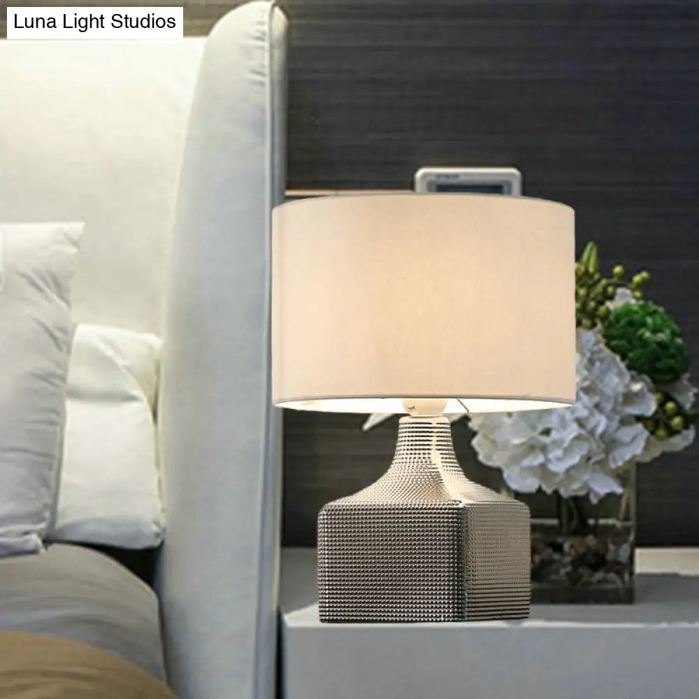 Contemporary 1-Light White Night Light With Drum Shade Fabric And Cubic Base
