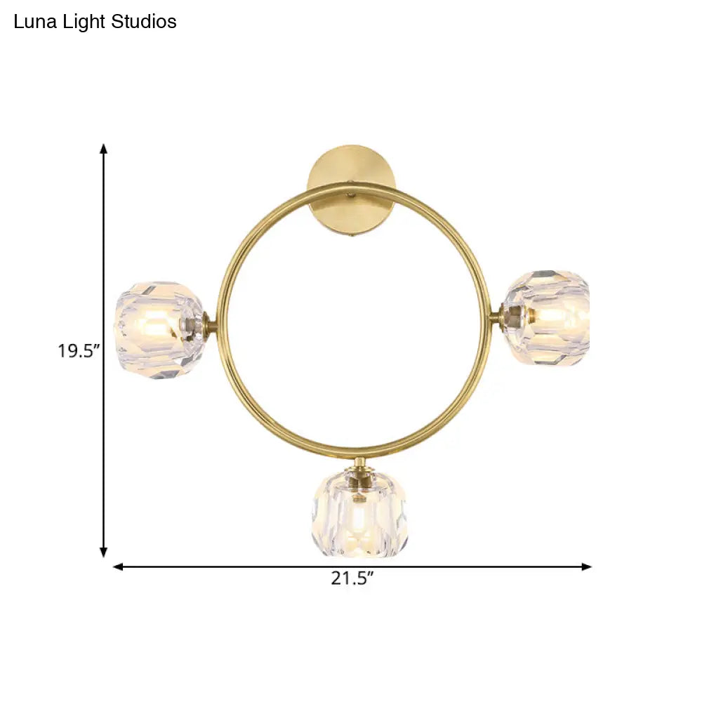 Contemporary 3-Head Brass Wall Sconce With Modo Crystal Shade - Ring/Square Light Fixture
