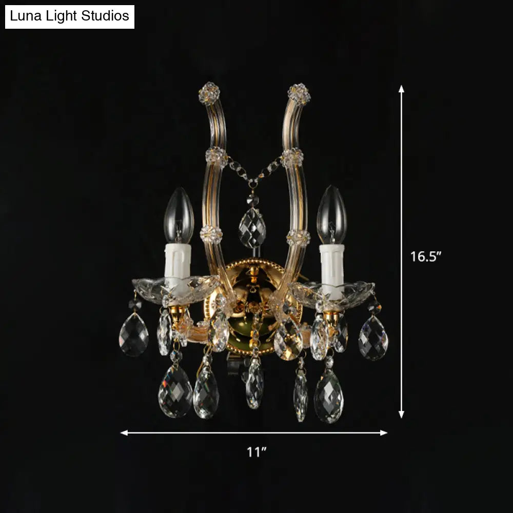 Contemporary Amber Glass Wall Light With Crystal Deco - Gold Finish 2 Lights