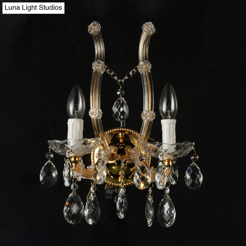 Contemporary Amber Glass Wall Light With Crystal Deco - Gold Finish 2 Lights