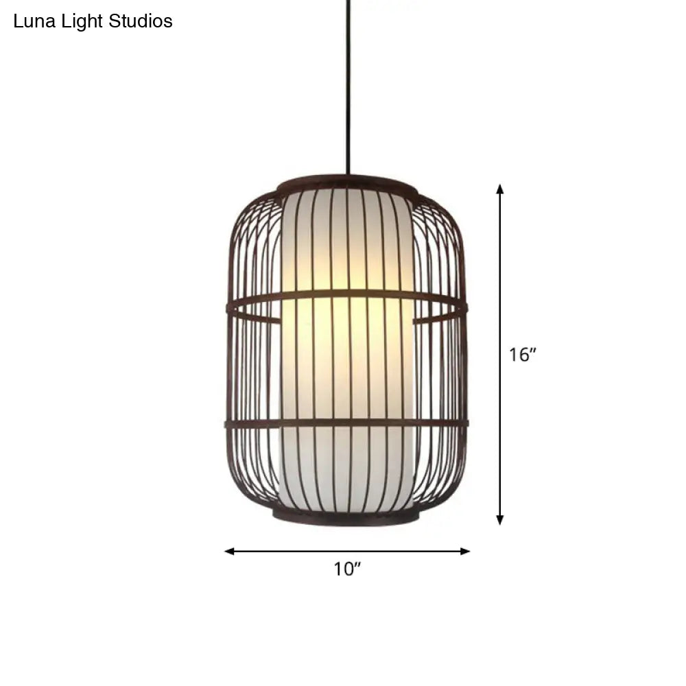 Contemporary Bamboo Cage Hanging Lamp With Coffee Finish And Single Bulb Suspension