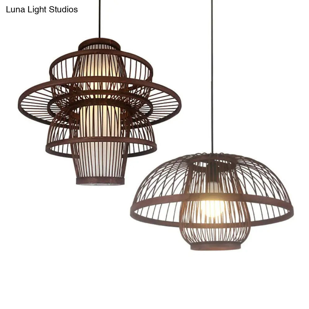 Contemporary Bamboo Cage Hanging Lamp With Coffee Finish And Single Bulb Suspension