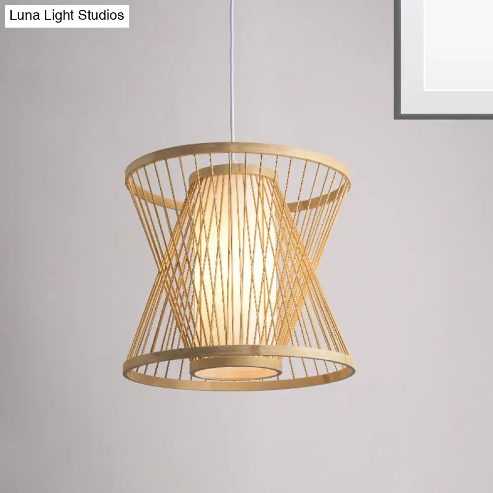Contemporary Bamboo Cone Suspension Pendant Light Kit For Restaurants - 1 Bulb Wood Hanging Sizes: