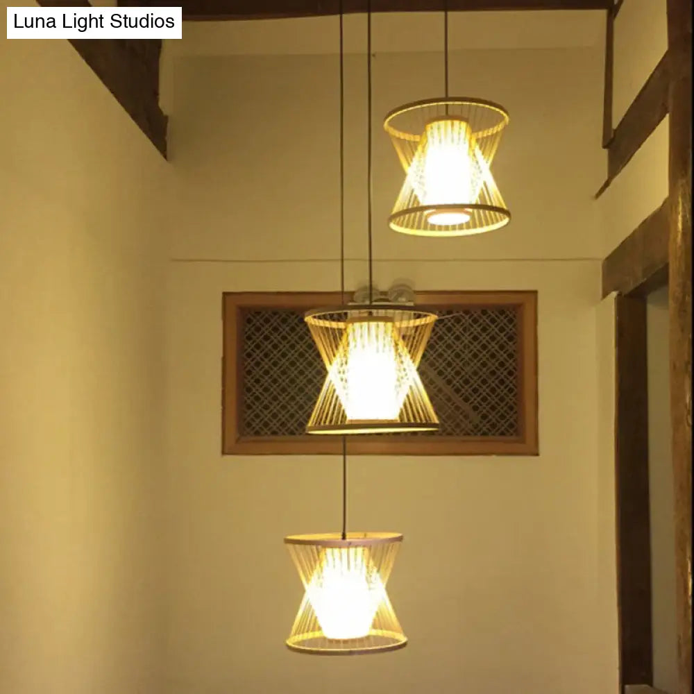 Contemporary Bamboo Cone Suspension Pendant Light Kit For Restaurants - 1 Bulb Wood Hanging Sizes: