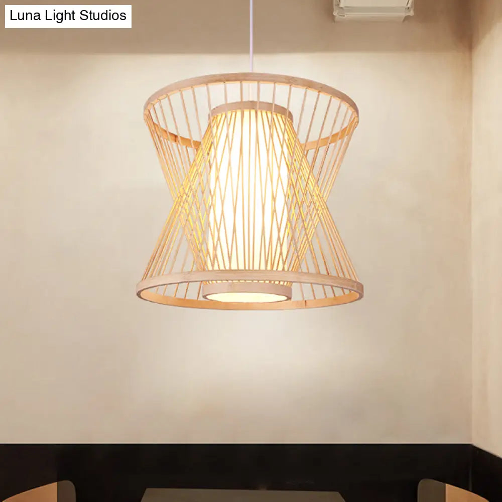 Contemporary Bamboo Cone Suspension Pendant Light Kit For Restaurants - 1 Bulb Wood Hanging Sizes: