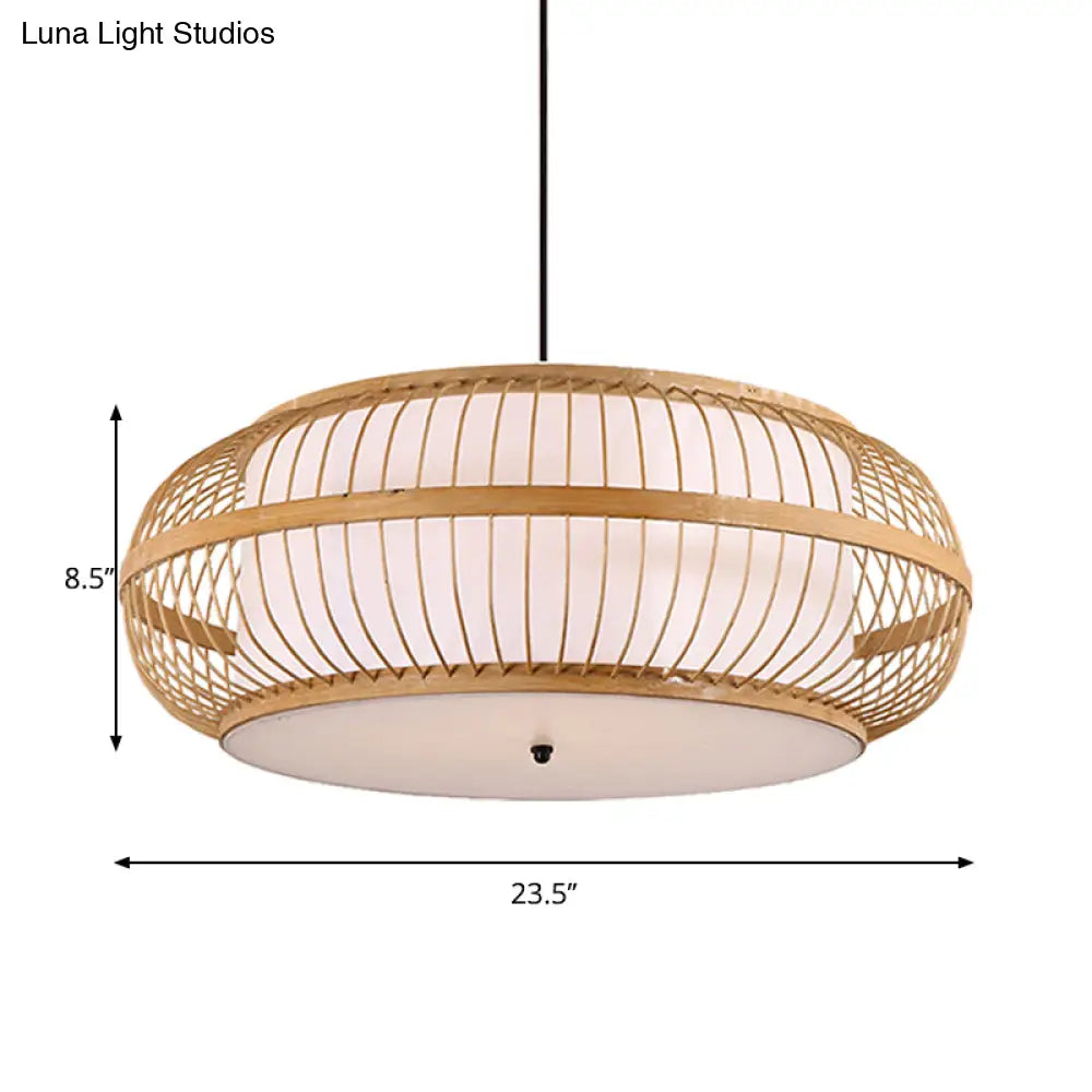 Contemporary Bamboo Pendant Light Kit - Rounded Drum Suspension 1 Bulb - Wood Hanging Light 18’’/21.5’’/23.5’’ Wide