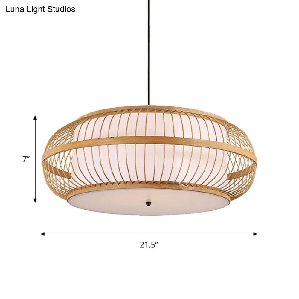 Contemporary Bamboo Pendant Light Kit - Rounded Drum Suspension 1 Bulb - Wood Hanging Light 18’’/21.5’’/23.5’’ Wide