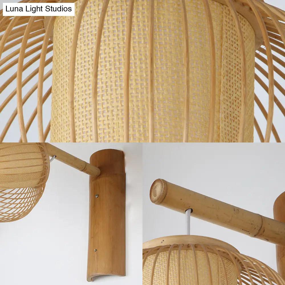 Contemporary Bamboo Wood Pumpkin Wall Lamp With Inner Cylinder Parchment Shade - 1 Bulb Sconce Light