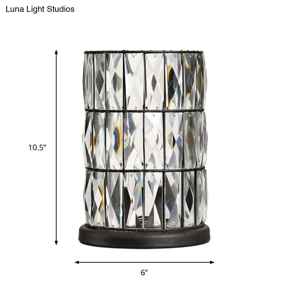 Contemporary Black Cylinder Night Lamp With Clear Crystal 1 Light For Living Room Nightstand