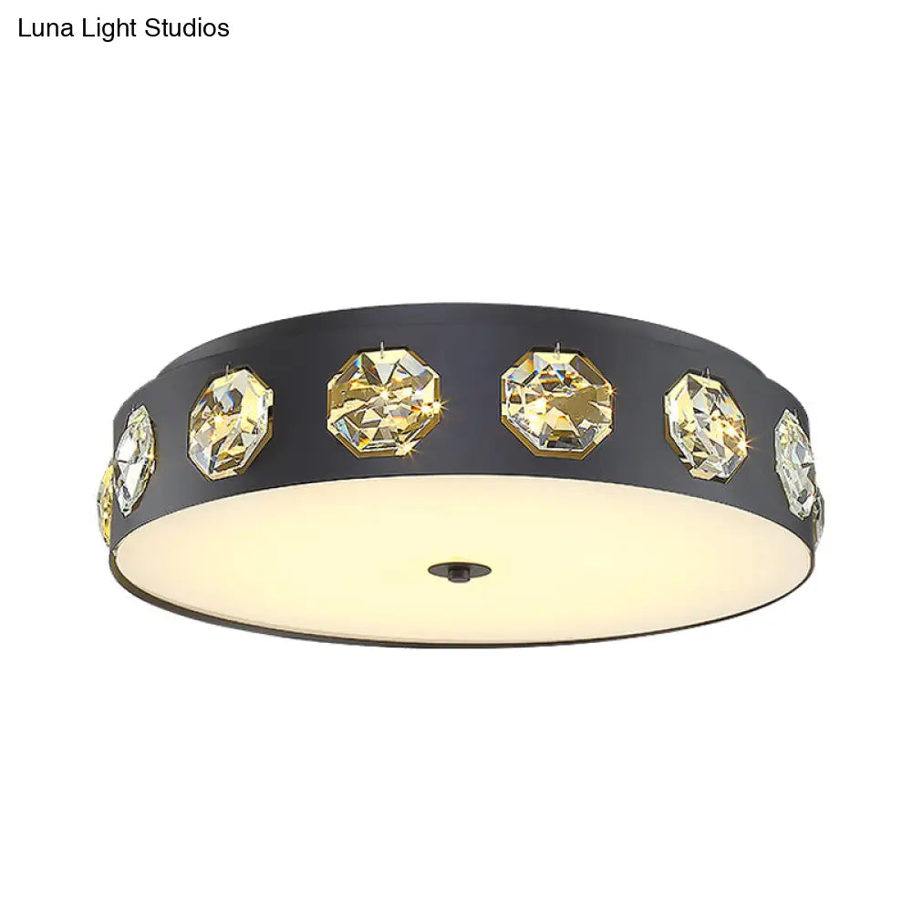 Contemporary Black Led Flush Mount Ceiling Light Fixture With Crystal Drum Insert