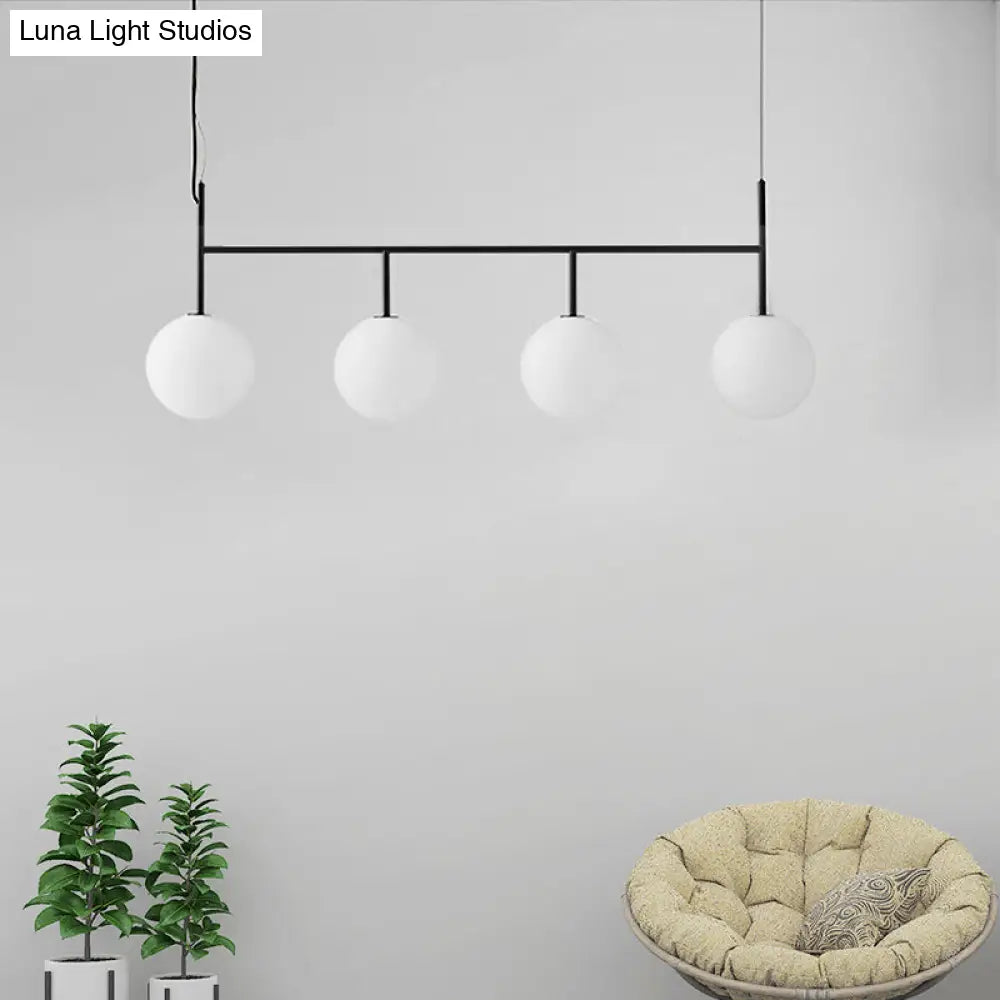 Contemporary Black Suspended Island Light Fixture With White Glass Orb And 4 Bulbs