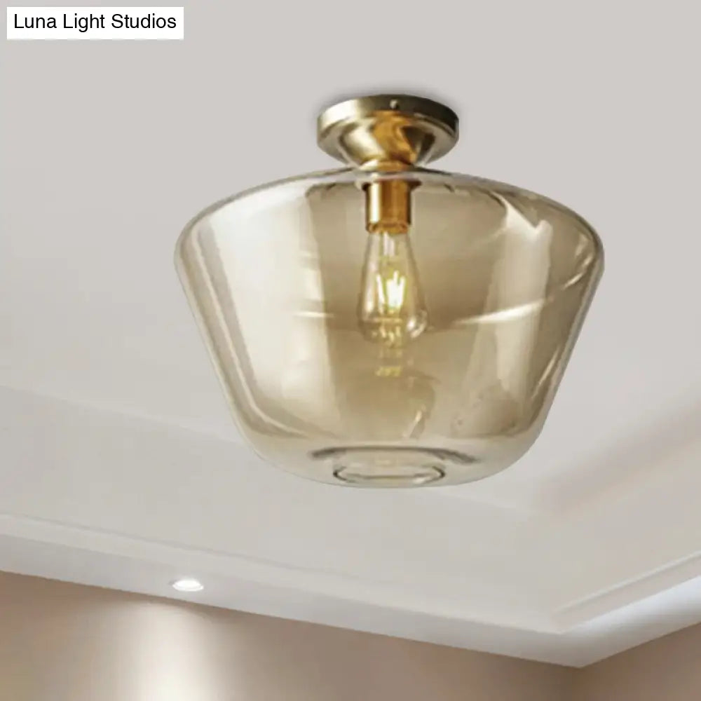 Contemporary Brass Flush Ceiling Fixture With Amber Glass Lampshade