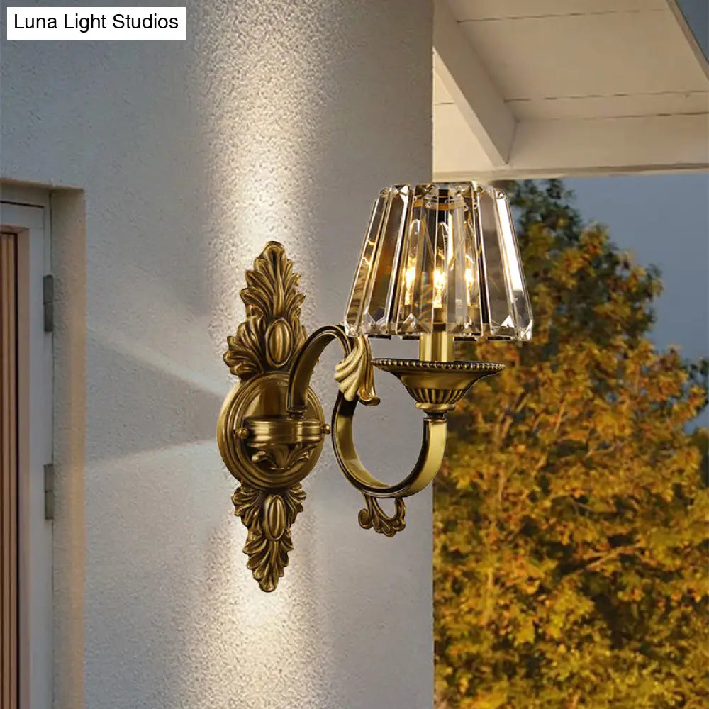 Contemporary Brass Porch Wall Lamp With Crystal Shade - 1 Bulb Lighting Fixture