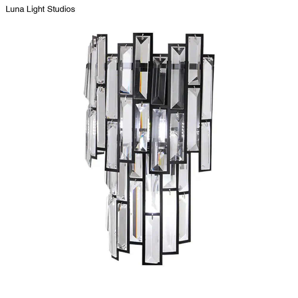 Contemporary Clear Crystal Block Led Wall Lamp In Sleek Black Finish - Ideal For Corridor Lighting