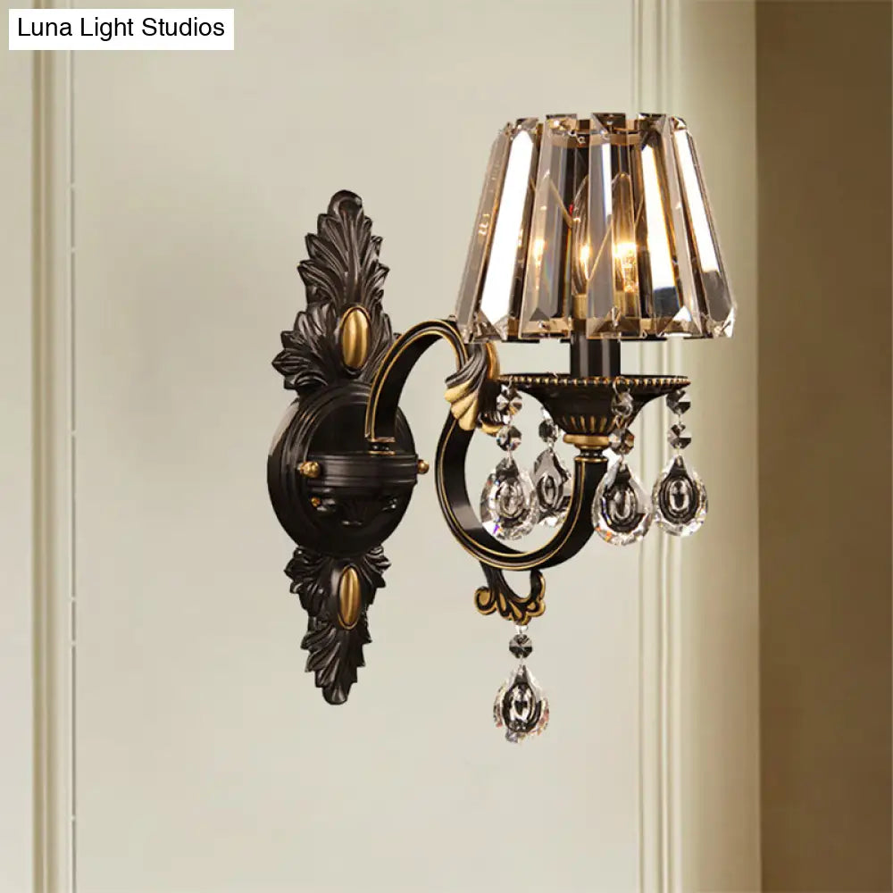 Contemporary Clear Crystal Conic Wall Sconce: 1-Bulb Black/Brass Finish Lighting For Corridor