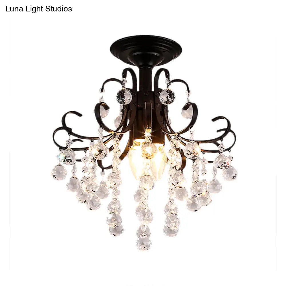 Contemporary Crystal Ball Semi Flush Light With 3 Gold/Black Lights Close To Ceiling